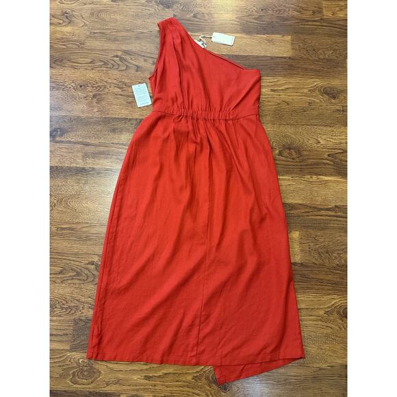 MELLODAY Women's One Shoulder Faux Wrap Midi Dress Red Sz XL NWT (Imperfection) - Picture 2 of 8